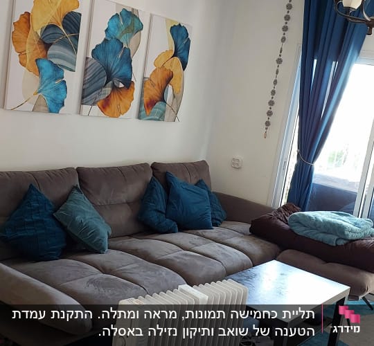 סלון עם ספה, כריות, רדיאטור ותמונות קיר צבעוניות